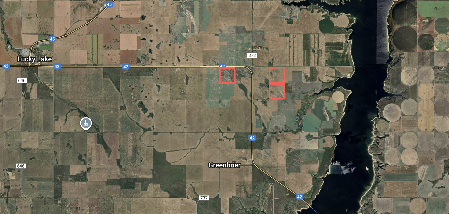Satellite view of the Lucky Lake land parcels, RM of Canaan No. 225