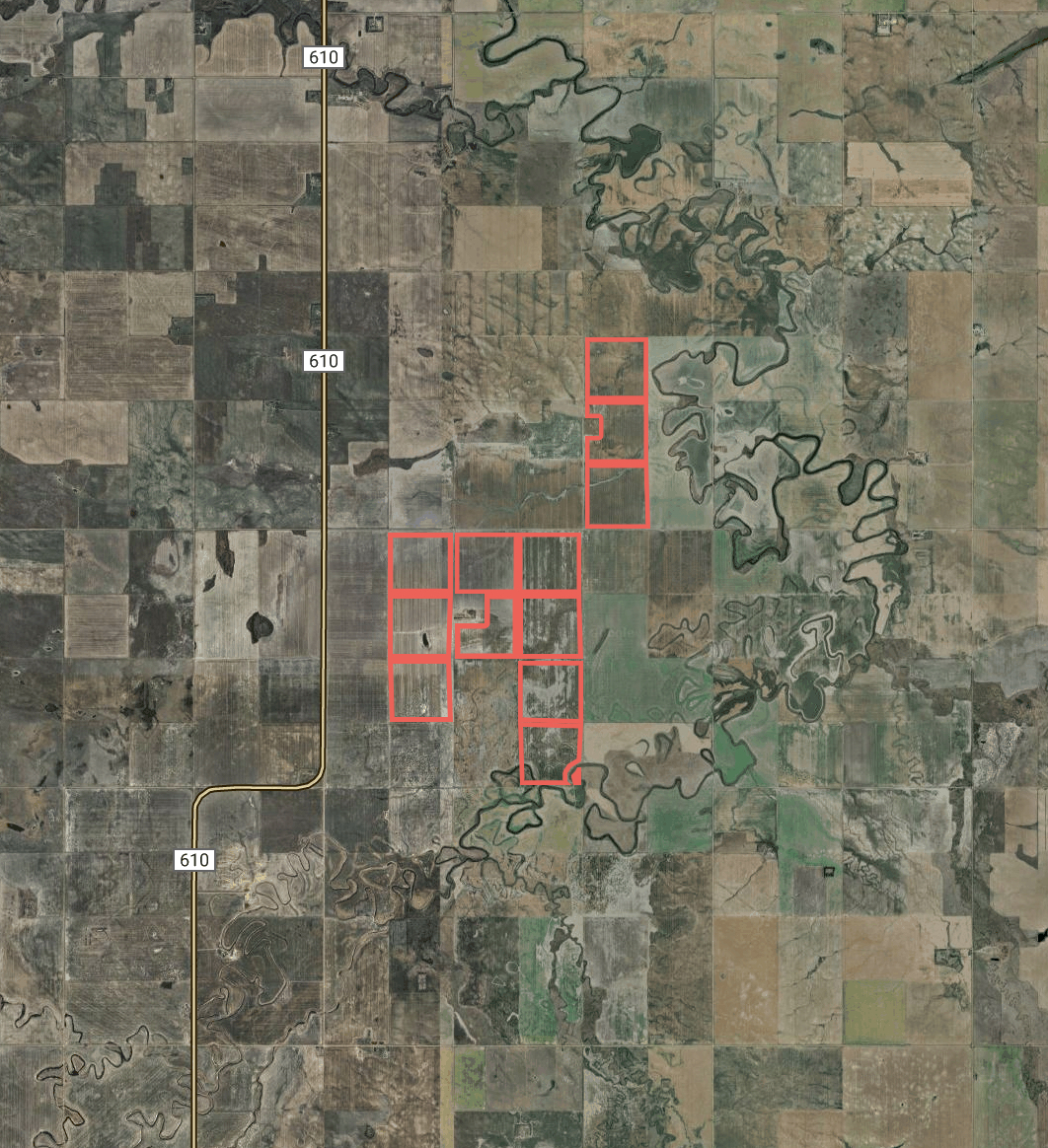 Aerial view of cultivated fields in the RM of Wood River No. 74