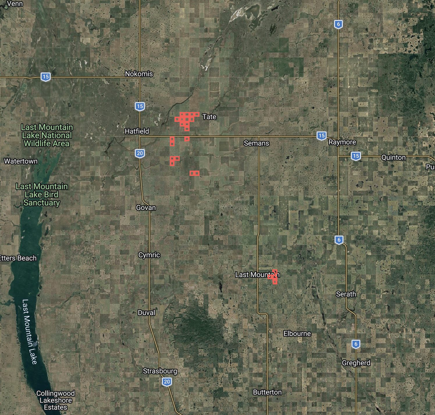 Satellite overview of the Nokomis land block with parcel outlines