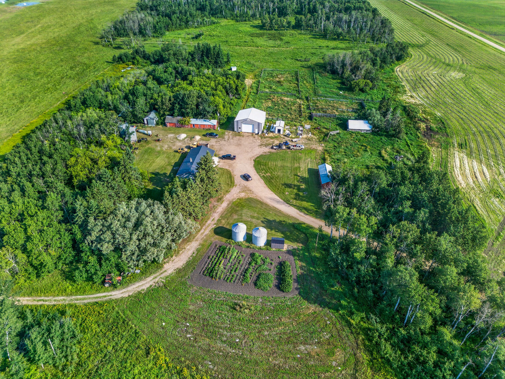 Aerial view over the Lefebvre yard, garden and fenced pasture