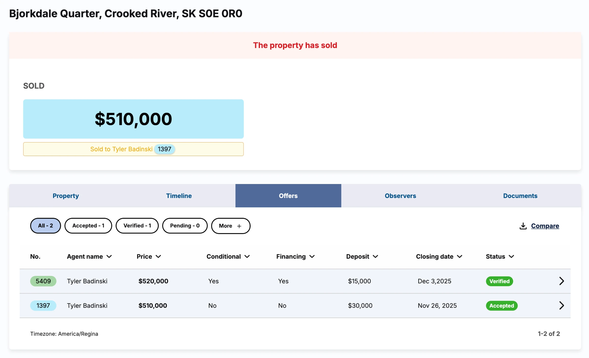The Offers tab of the sold Bjorkdale Quarter campaign, listing each offer with its price, conditions, financing, deposit, closing date and status