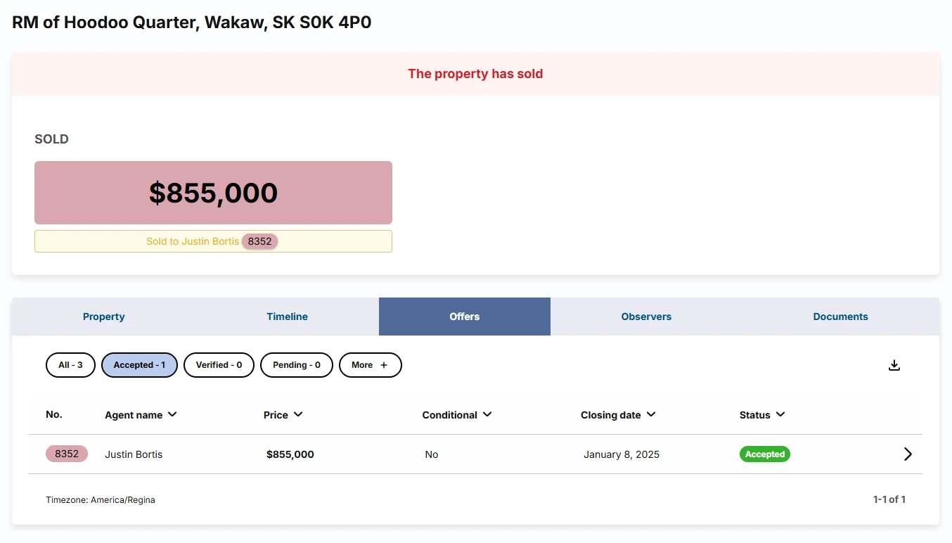 The Offers tab of the sold RM of Hoodoo Quarter campaign near Wakaw, SK, showing the accepted $855,000 offer