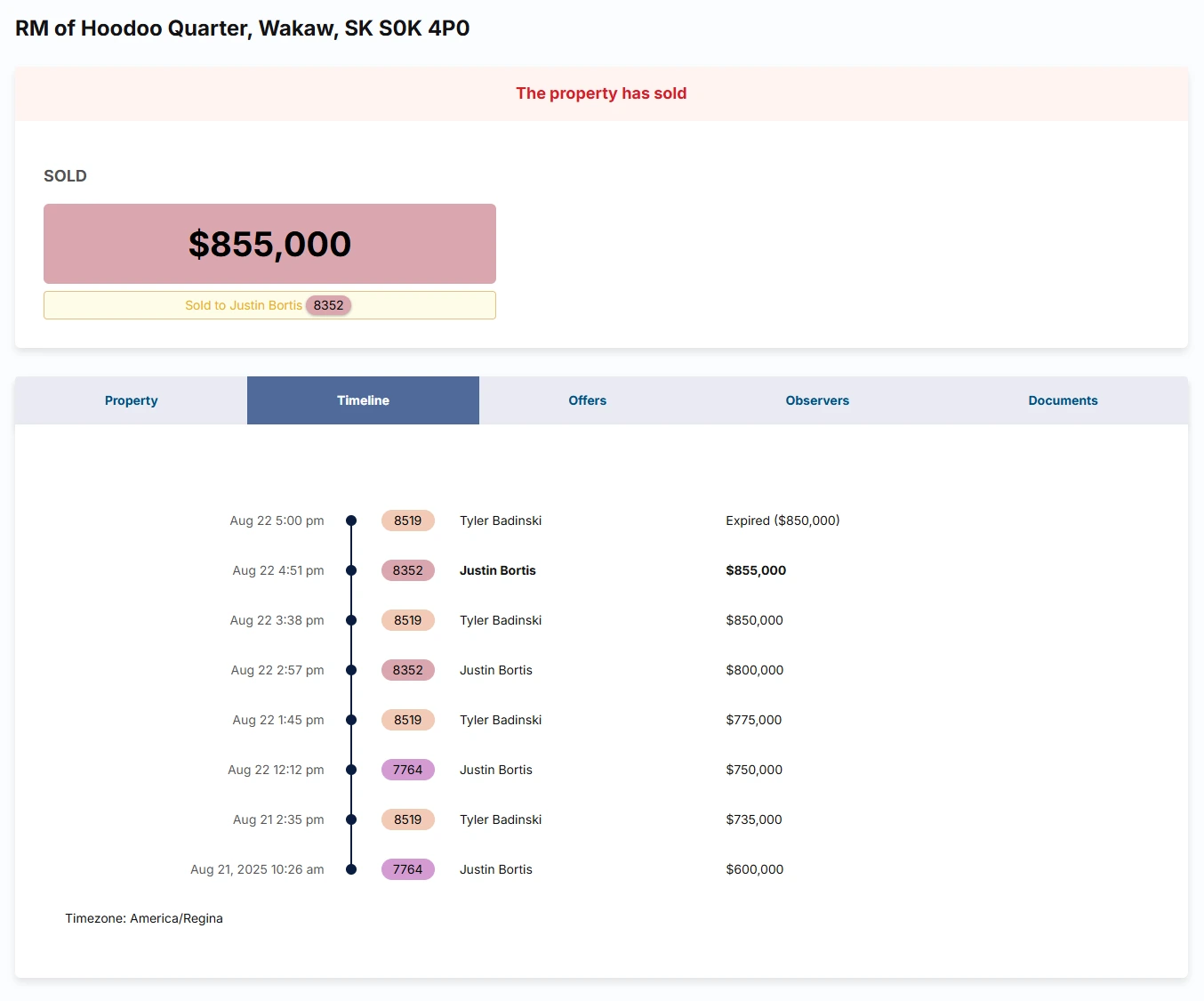 The Timeline tab of the RM of Hoodoo Quarter campaign: eight offers over two days, from an opening $600,000 to the $855,000 sale