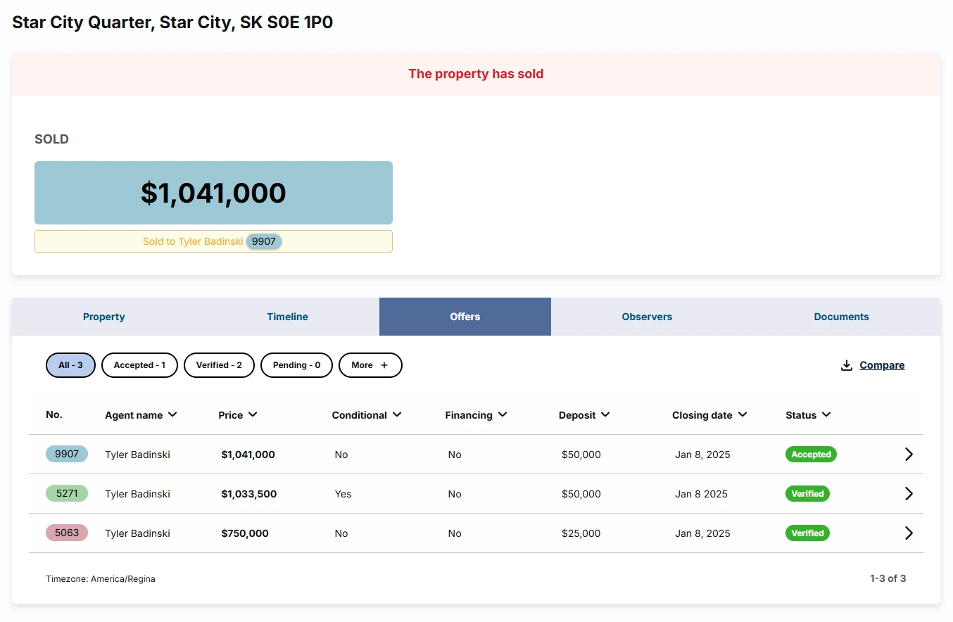 The Offers tab of the sold Star City Quarter campaign: three offers with price, conditions, deposit, closing date and status, the accepted one at $1,041,000