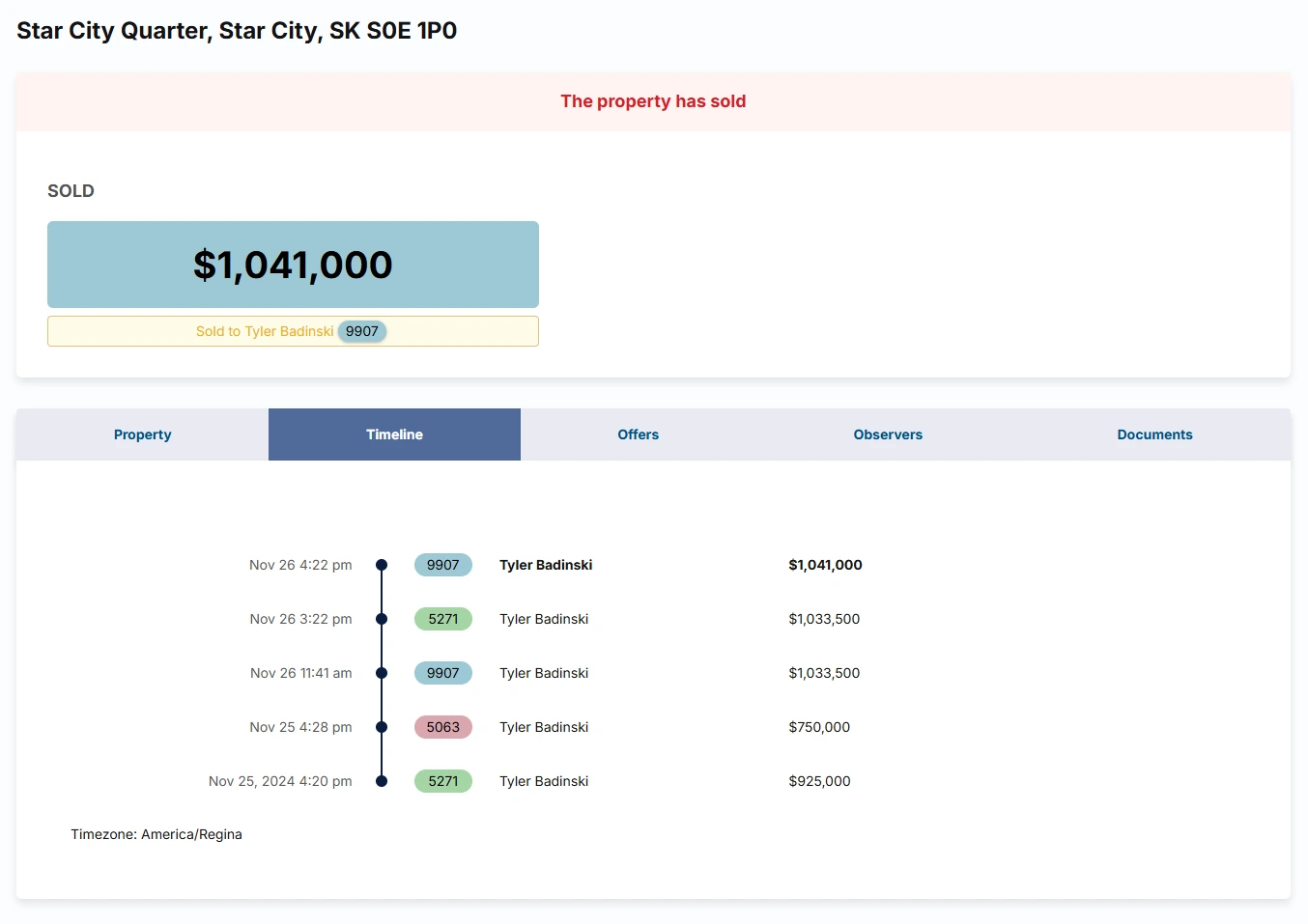 The Timeline tab of the Star City Quarter campaign: five offers over two days, ending in the $1,041,000 sale