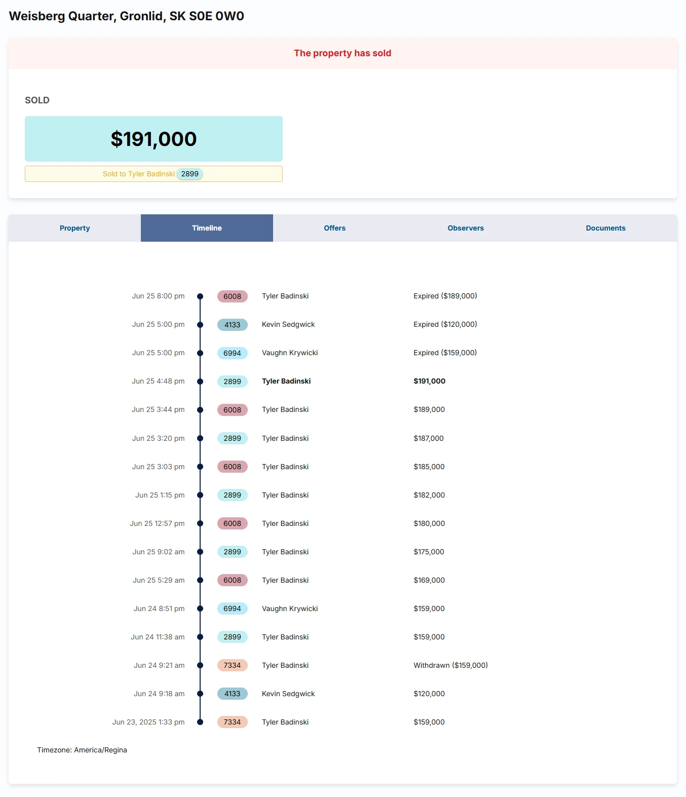 The Timeline tab of the Weisberg Quarter campaign: sixteen offers over three days, from an opening $159,000 to the $191,000 sale