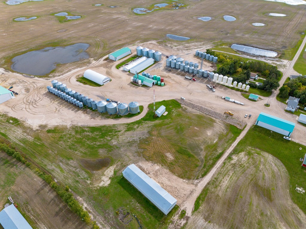 Aerial view of the Lumsden farm grain storage and sheds