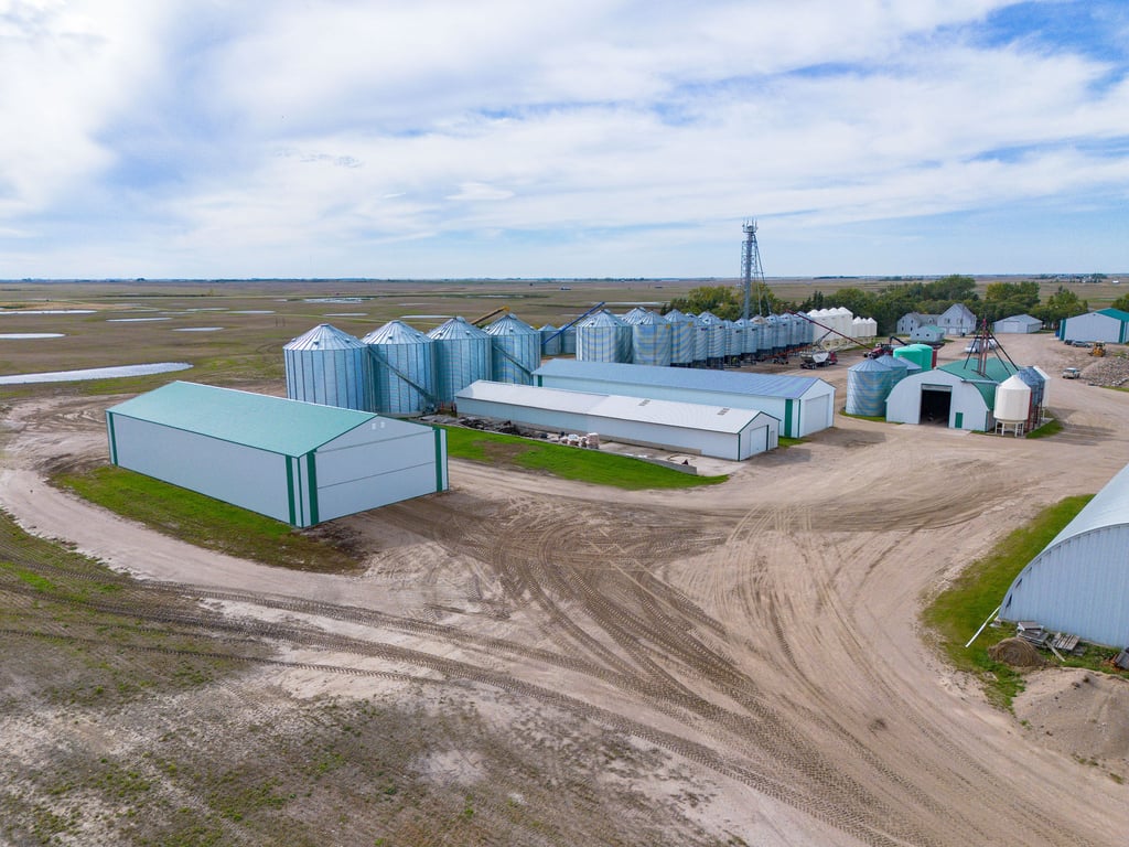 Machine sheds and grain bins on the Lumsden farm yard