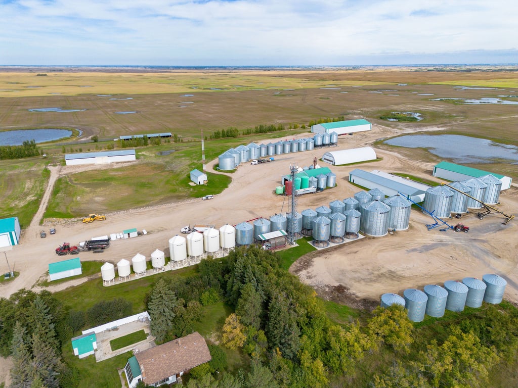 Rows of grain bins and fertilizer storage on the Lumsden farm