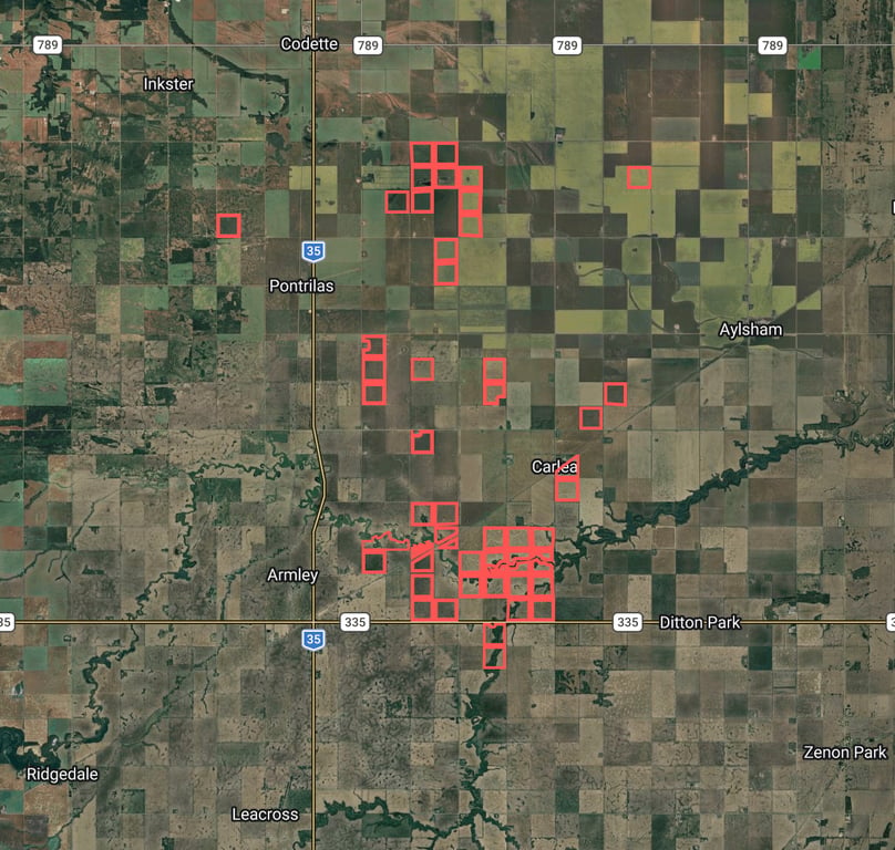 Satellite view of the Connaught and Nipawin land parcels, closer in