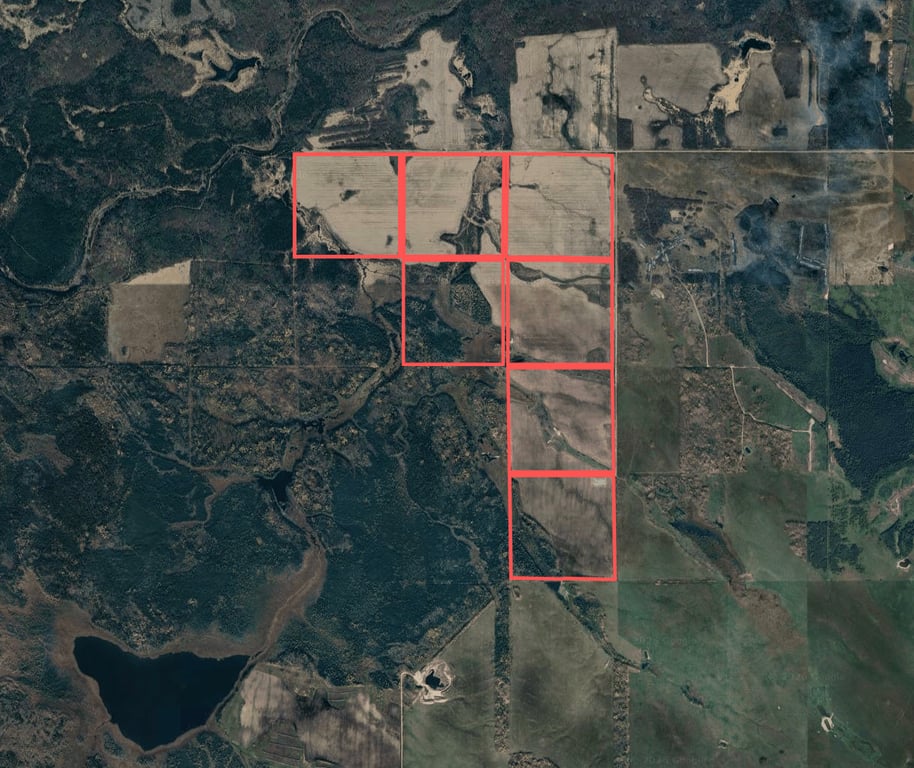 Satellite view of the Torch River grain land with each parcel outlined