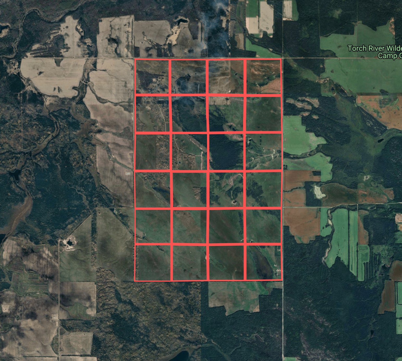 Satellite view of the 24 Torch River pasture quarters, each outlined