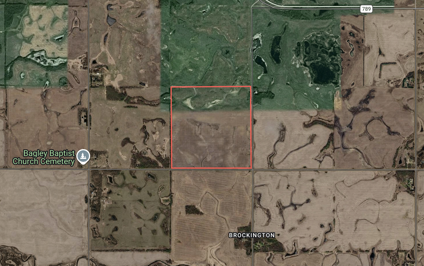 Aerial view of the Kinistino Quarter and surrounding area including Brockington and Highway 789