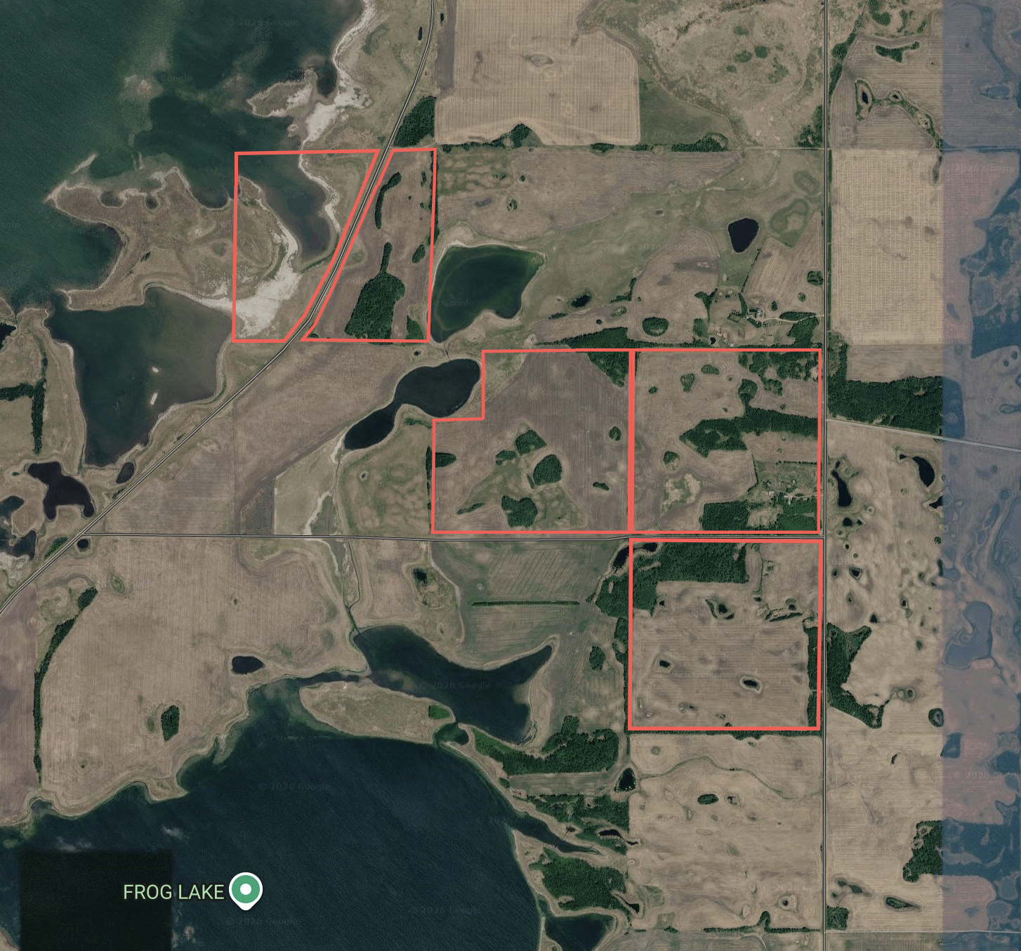 Satellite view of the Three Lakes land parcels between Middle Lake and Frog Lake