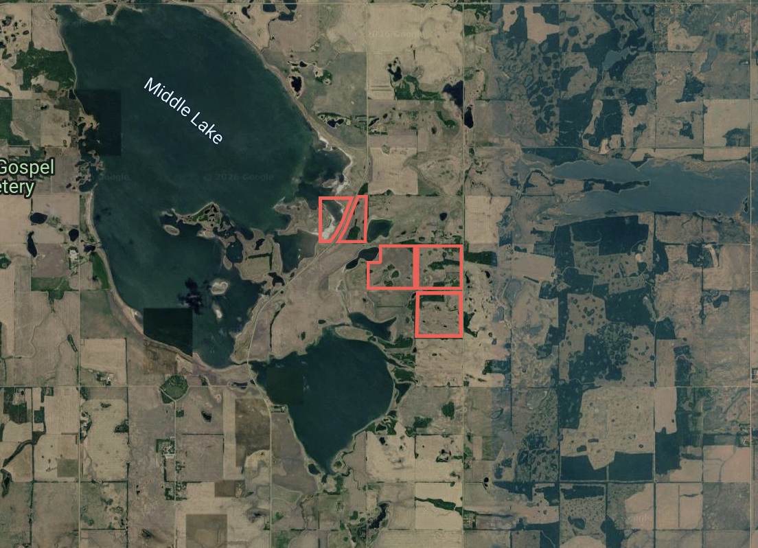 Satellite overview showing the Three Lakes parcels just northeast of Middle Lake
