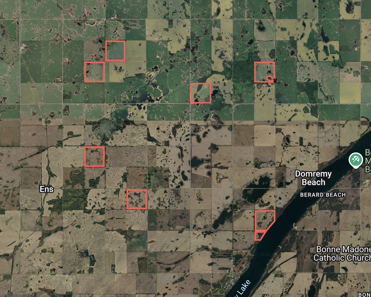 Satellite view of the Hoodoo parcels near Domremy Beach, outlined in red