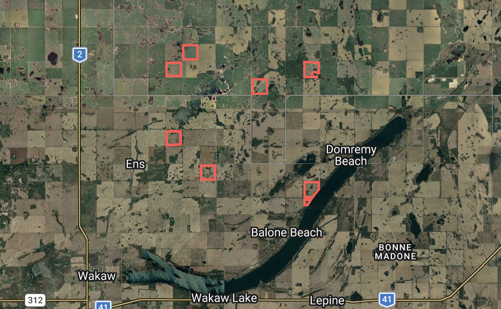 Satellite overview of the Hoodoo parcels between Ens, Wakaw and Domremy Beach