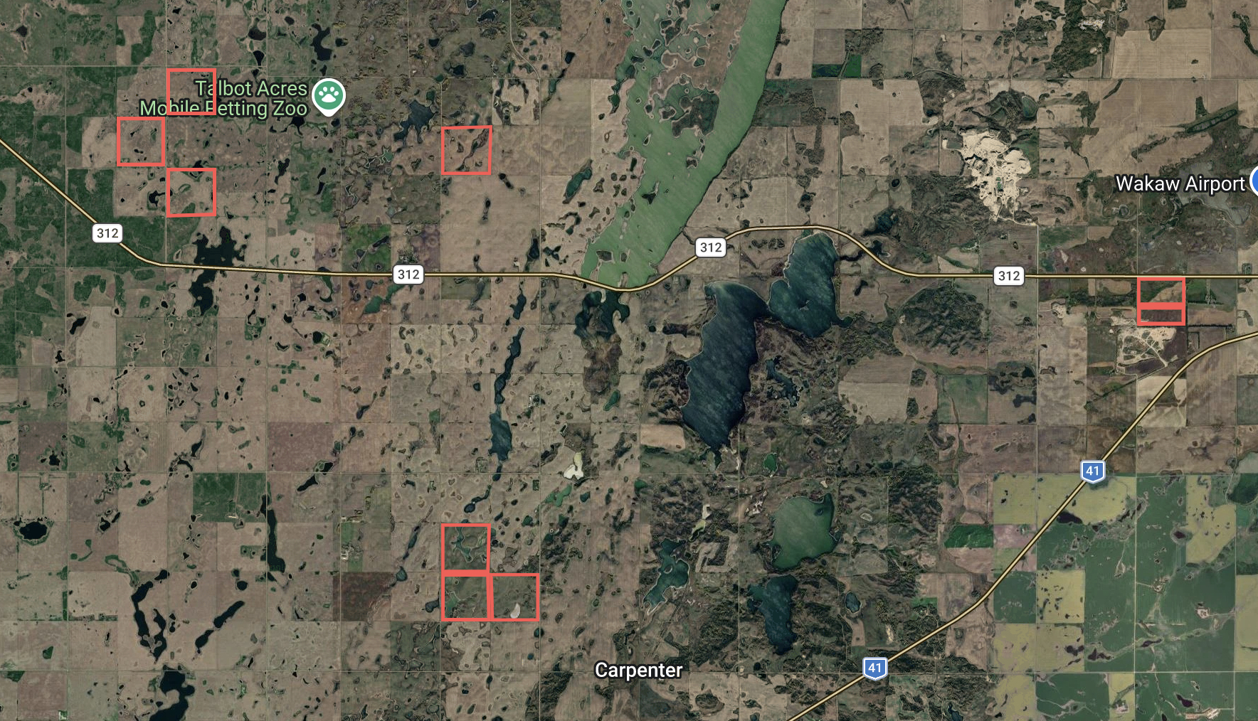 Satellite view of the Fish Creek parcels west of Wakaw, outlined in red