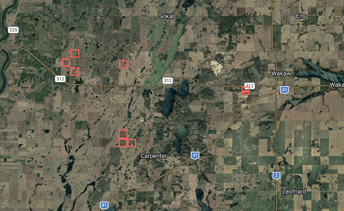Satellite overview of the Fish Creek parcels west of Wakaw near Highway 312