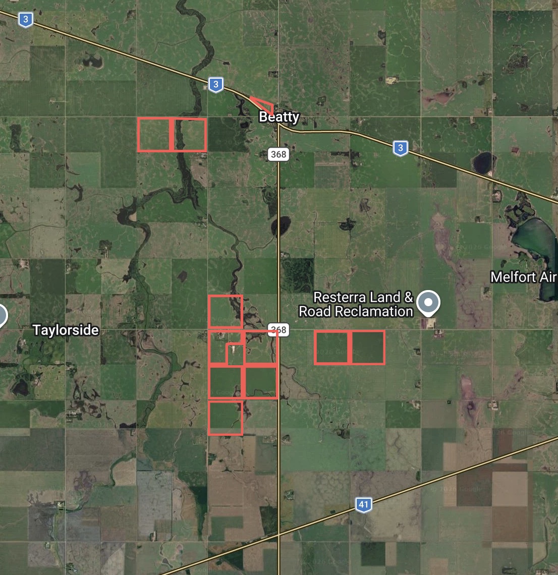 Satellite view of the Flett's Springs land near Beatty and Highway 368, outlined in red